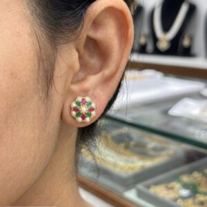 Title  Luxury  CZ Stud Earrings for Women | Gold Finish Floral Design