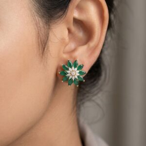 Title  Luxury  CZ Stud Earrings for Women | Gold Finish Floral Design