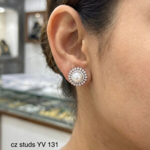 Title  Luxury  CZ Stud Earrings for Women | Gold Finish Floral Design