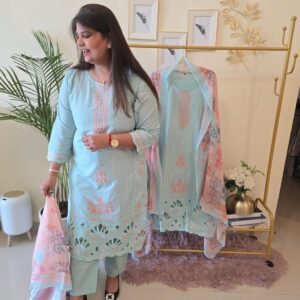 Title: Ready to wear  Elegant pista green Embroidered pure cotton with soft mul dupptta.