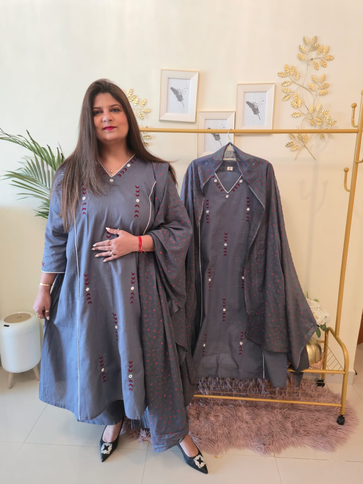 Title Elegant Charcoal Grey Embroidered Kurta Set with Dupatta