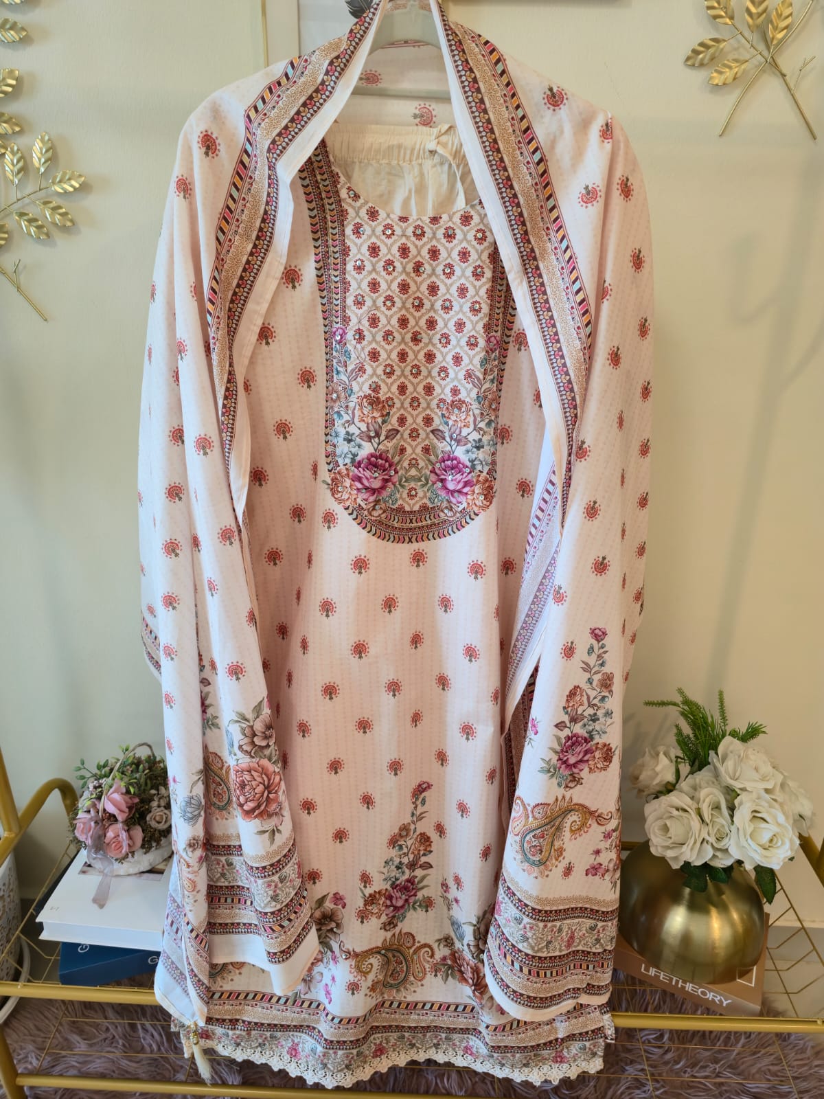 Title Beautiful Beige Embroidered Ready-to-Wear 3 Piece Suit - Image 6