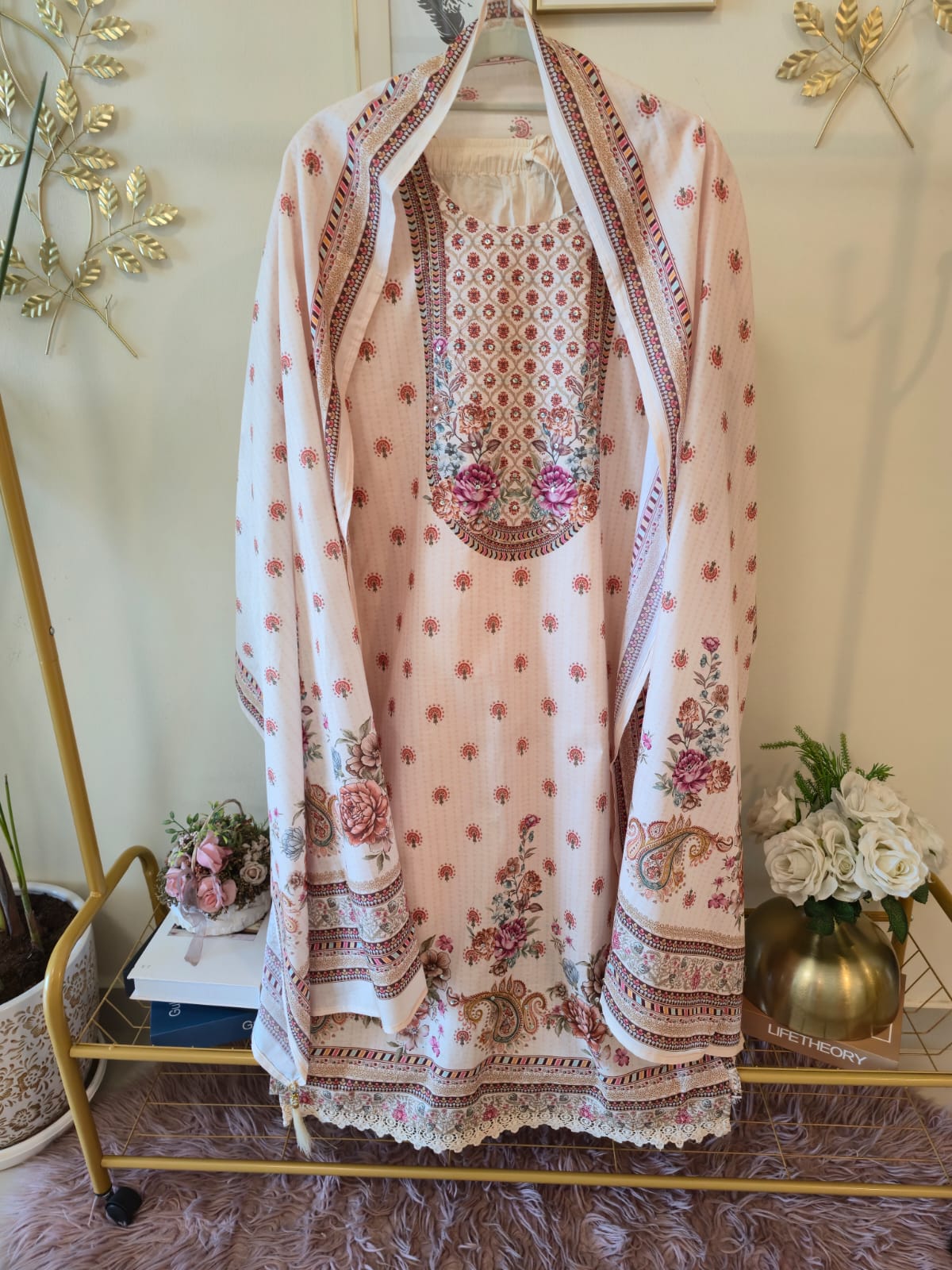 Title Beautiful Beige Embroidered Ready-to-Wear 3 Piece Suit - Image 3