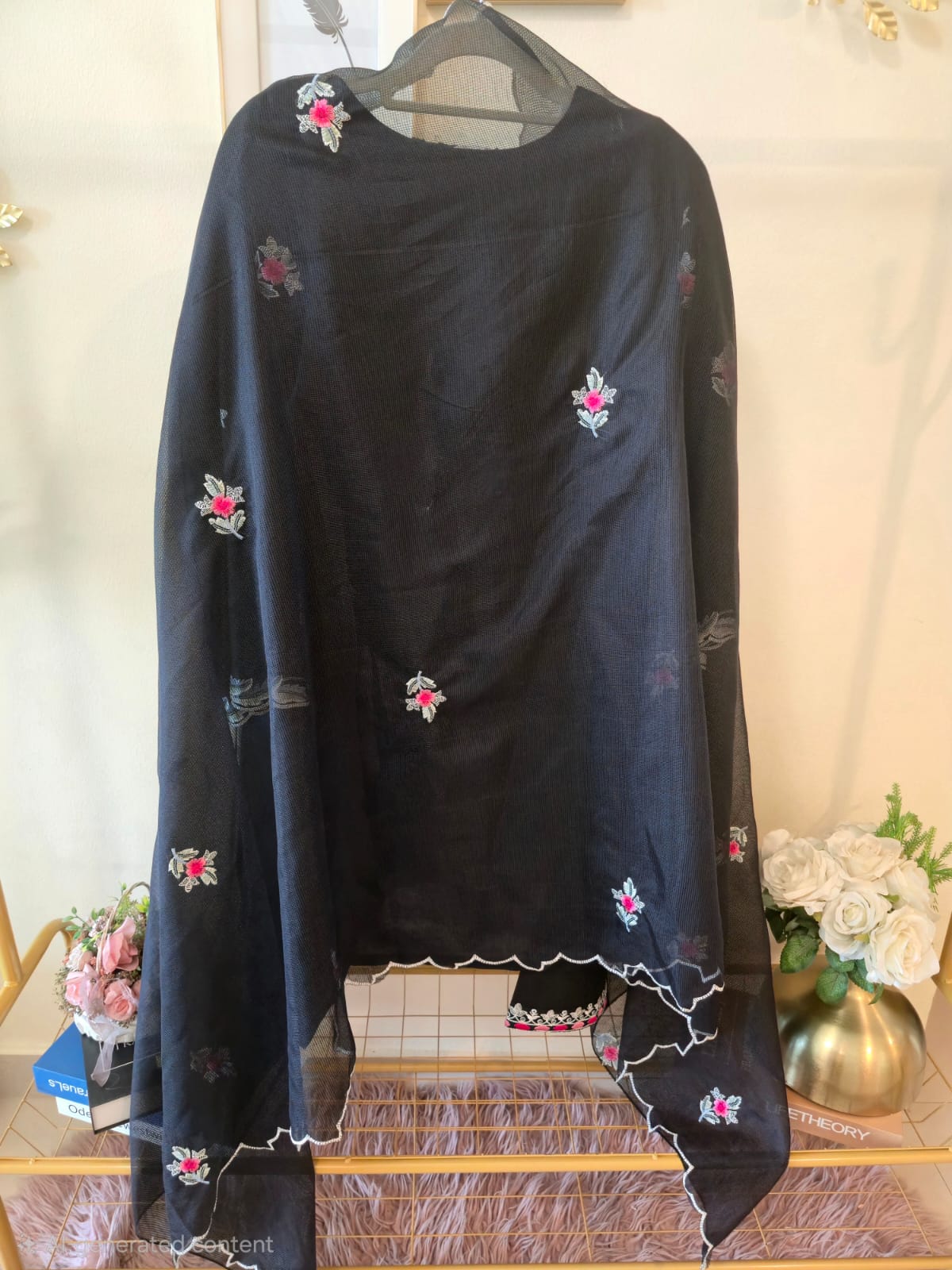 Title: Elegant Black Embroidered Ready-to-Wear Suit Set with Organza Dupatta - Image 4