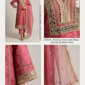 Title:  Rose pink pure viscouse Shimmer Organza silk Party Wear unstiched 3-Piece Suit Set. 