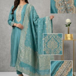 Title:  Sky blue pure viscouse Shimmer Organza silk Party Wear unstiched 3-Piece Suit Set. 