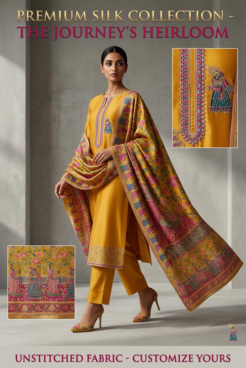 Pure silk mustard color unstiched three peice suit.