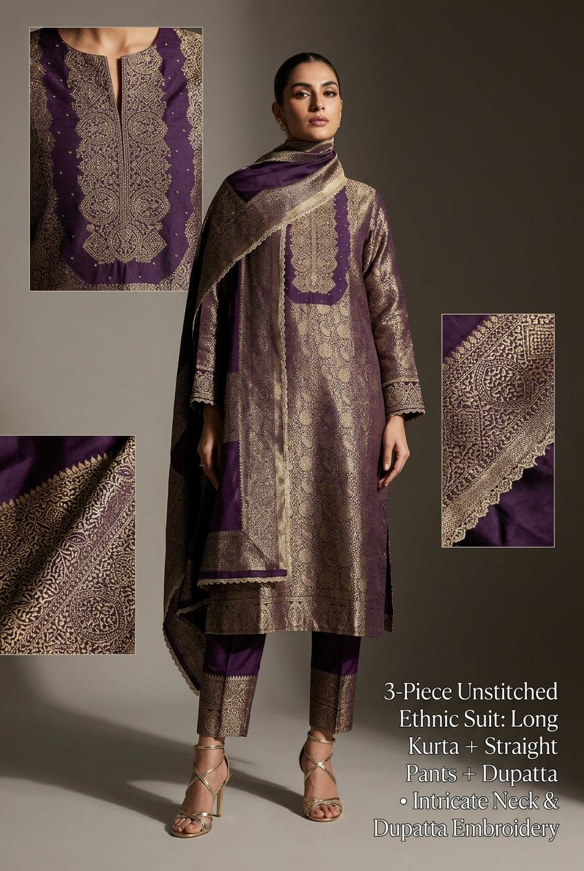 Purple Heavy Zari pure jacquard Embroidered 3-Piece Unstitched Suit with Luxurious Dupatta