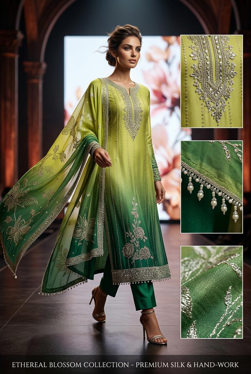 Lime & Forest Green Ombre Pure Georgette Nalki Hand-Embellished unstiched three peice suit