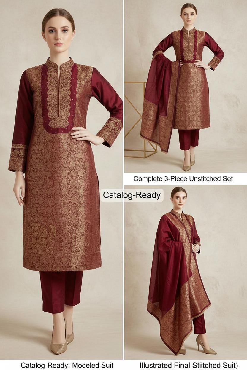 Rich Wine Heavy Zari pure jacqua Embroidered 3-Piece Unstitched Suit with Luxurious Dupatta