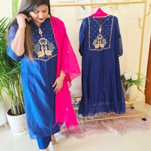 Title: Ready to wear     Rich Royal Blue Pure Mul Chanderi Calcutta zari Hand Embroidered Kurta Set with Dupatta