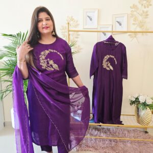 Title: Ready to wear  Rich purple Pure Mul Chanderi Calcutta zari Hand Embroidered Kurta Set with Dupatta