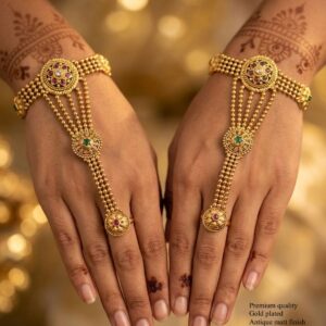 Title:  Premium Gold-Plated Adjustable Hathphool with Pearl & Ruby Stone Design