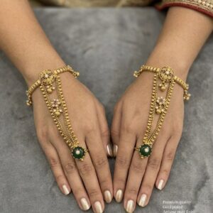 Title:  Premium Gold-Plated Adjustable Hathphool with Pearl & Ruby Stone Design