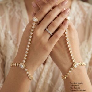 Title:  Premium Gold-Plated Adjustable Hathphool with Pearl & Ruby Stone Design