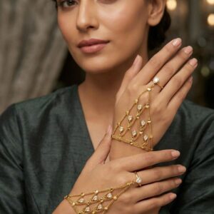 Title:  Premium Gold-Plated Adjustable Hathphool with Pearl & Ruby Stone Design