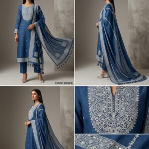 Indigo Blue Pure Linen Jamdani Unstiched three peice Suit Set.