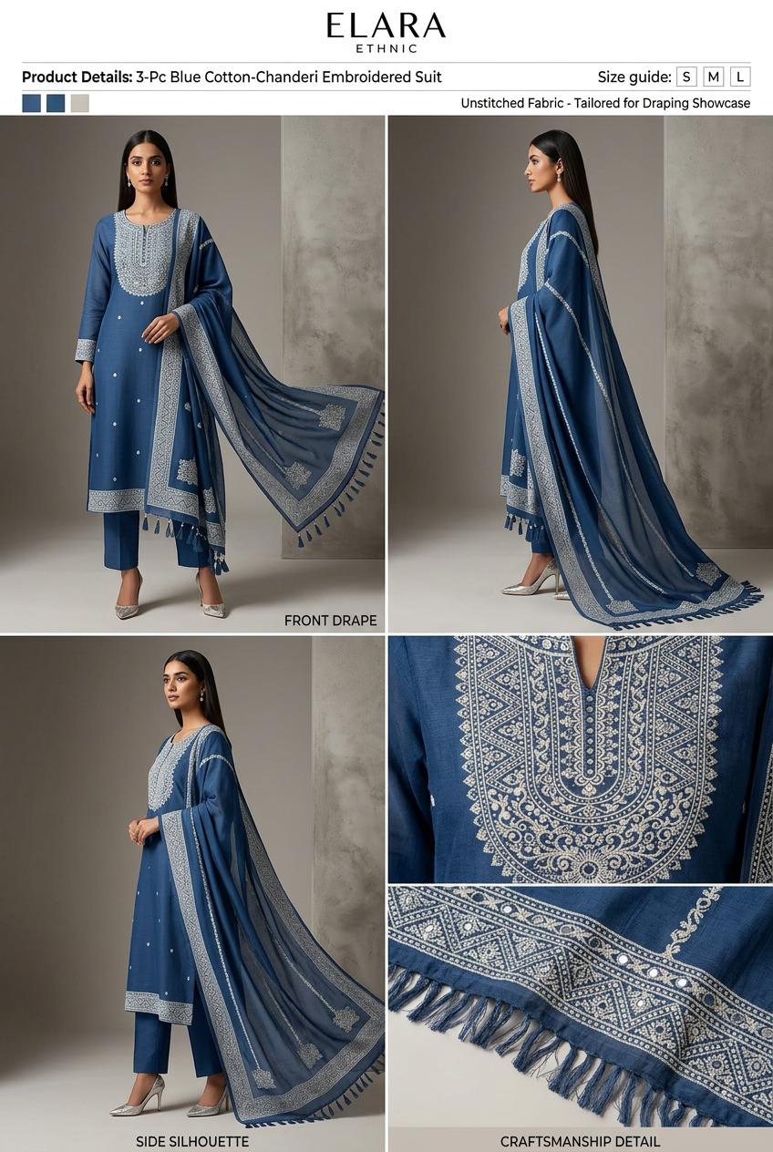 Indigo Blue Pure Linen Jamdani Unstiched three peice Suit Set.