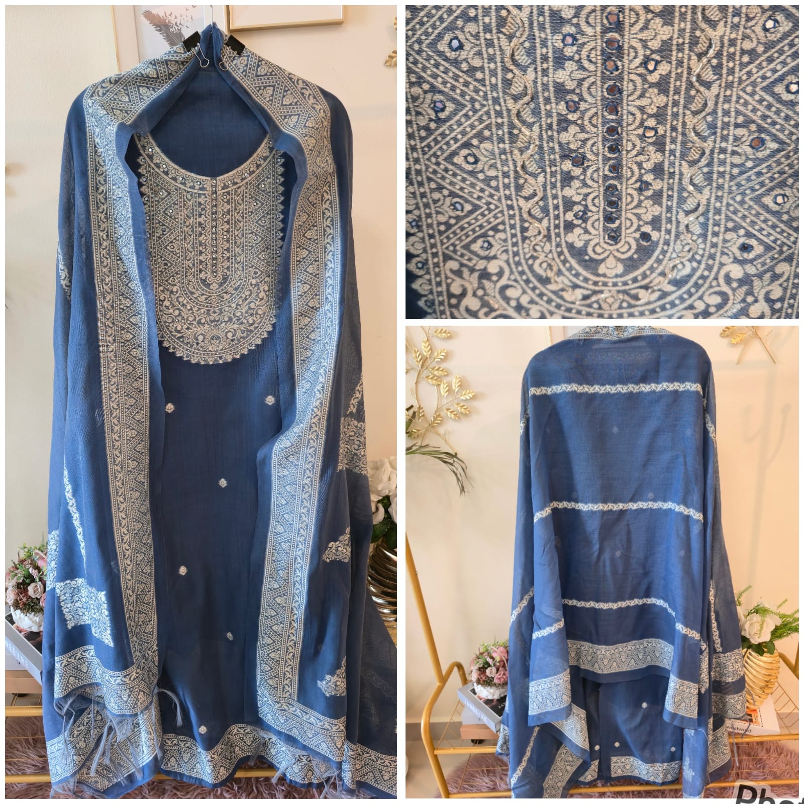Indigo Blue Pure Linen Jamdani Unstiched three peice Suit Set. - Image 5