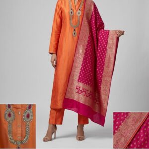 Silk fabric Tang orange Embroidered unstiched three peice Suit Set with Zari Dupatta