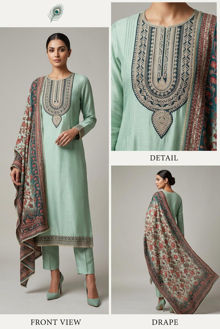 Elegant mint green ethnic 3-piece unstich silk suit