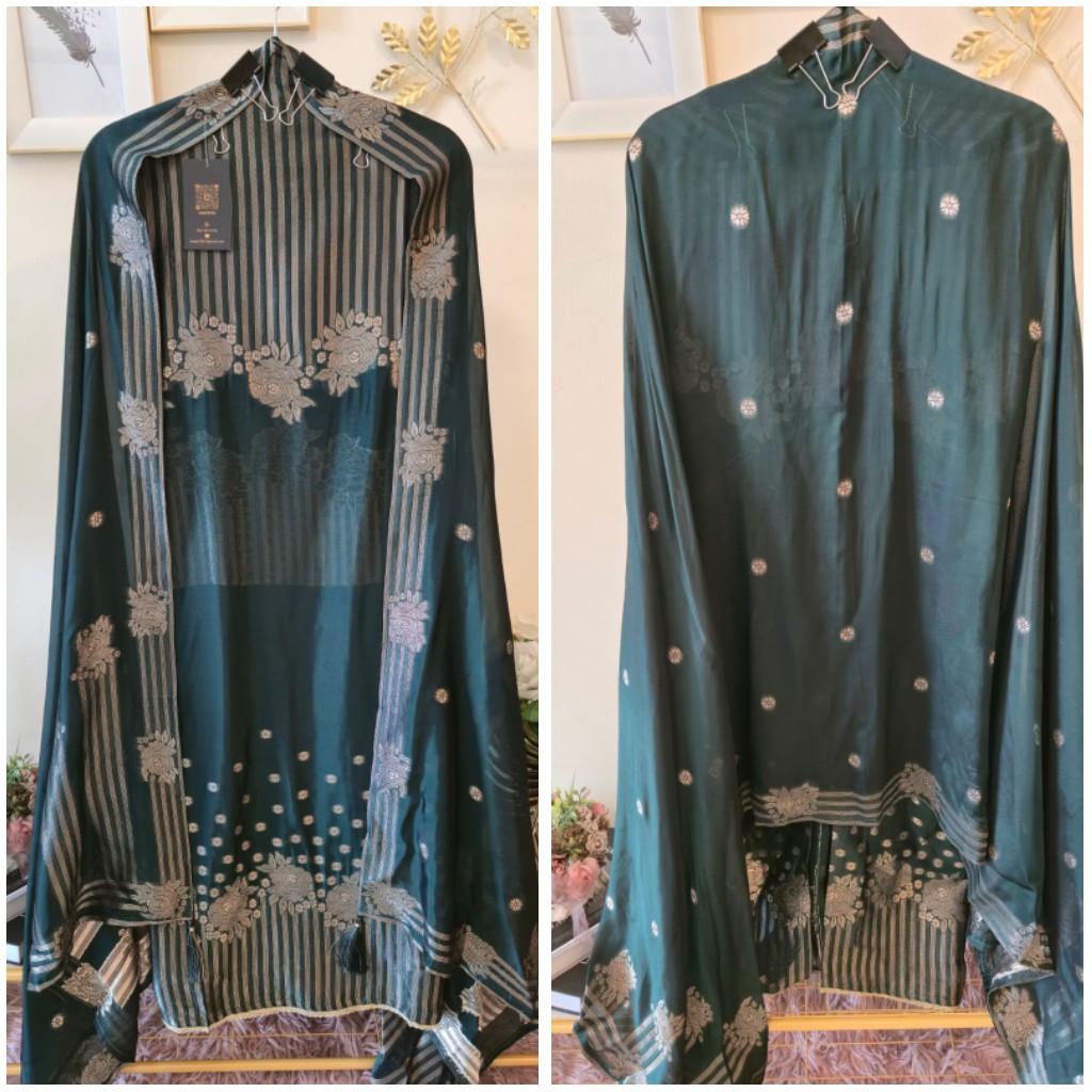 Emerald Green Silk Suit with Silver Floral Weave unstich three peice suit - Image 2