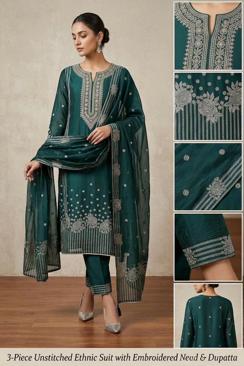 Emerald Green Silk Suit with Silver Floral Weave unstich three peice suit