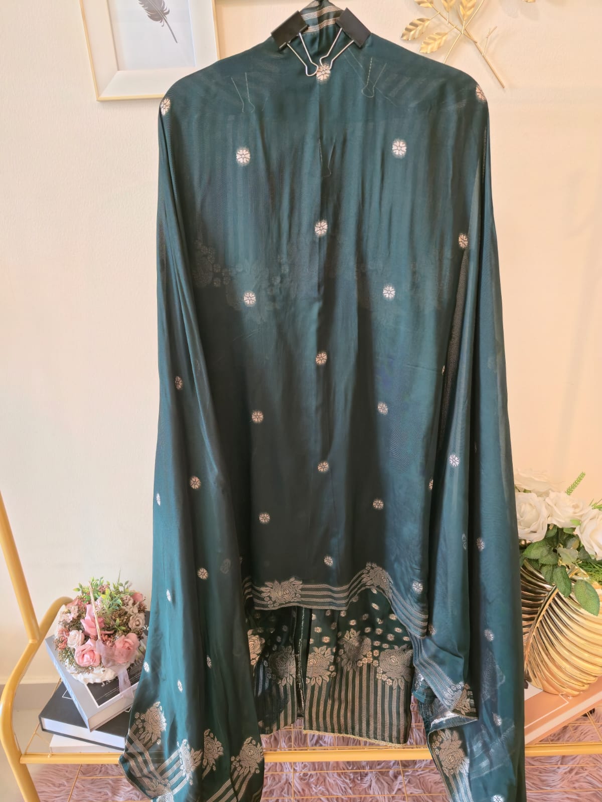 Emerald Green Silk Suit with Silver Floral Weave unstich three peice suit - Image 4
