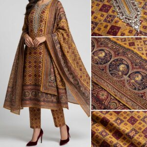 Mustard Gold pure patola unstich three peice Silk Suit with Multicolor Heritage Print