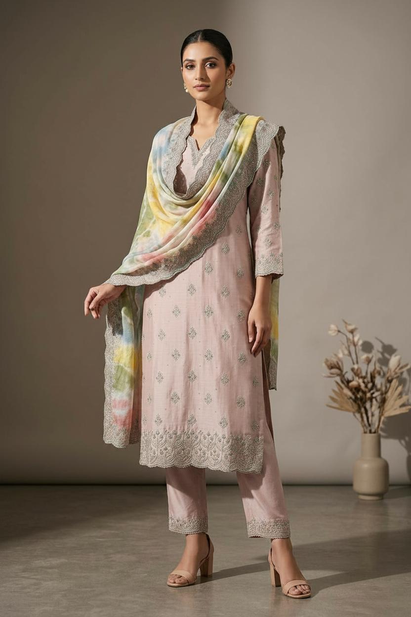 Pastel Tie-Dye pure crape unstich three peice Suit with Embroidered Dupatta