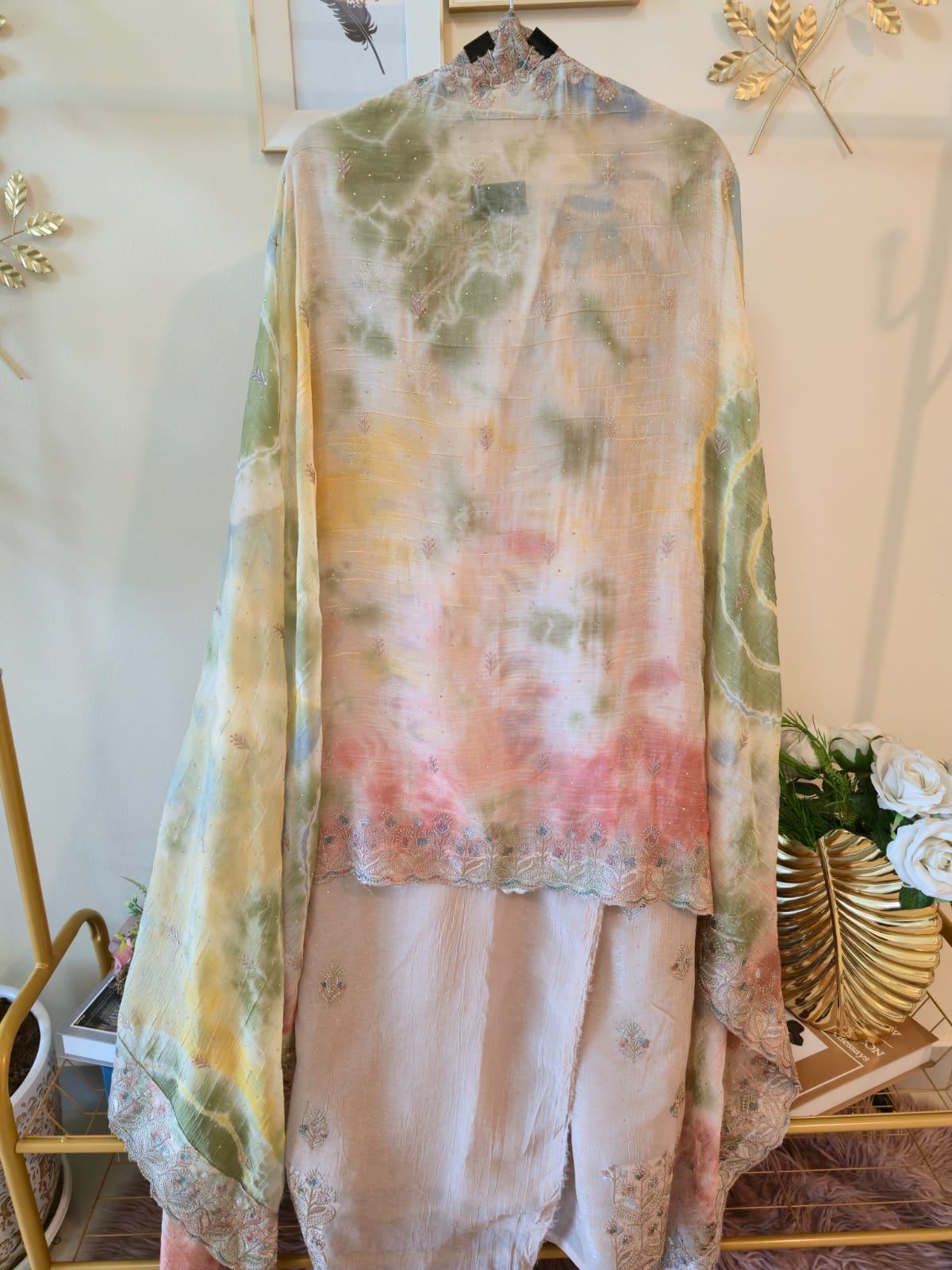 Pastel Tie-Dye pure crape unstich three peice Suit with Embroidered Dupatta - Image 4
