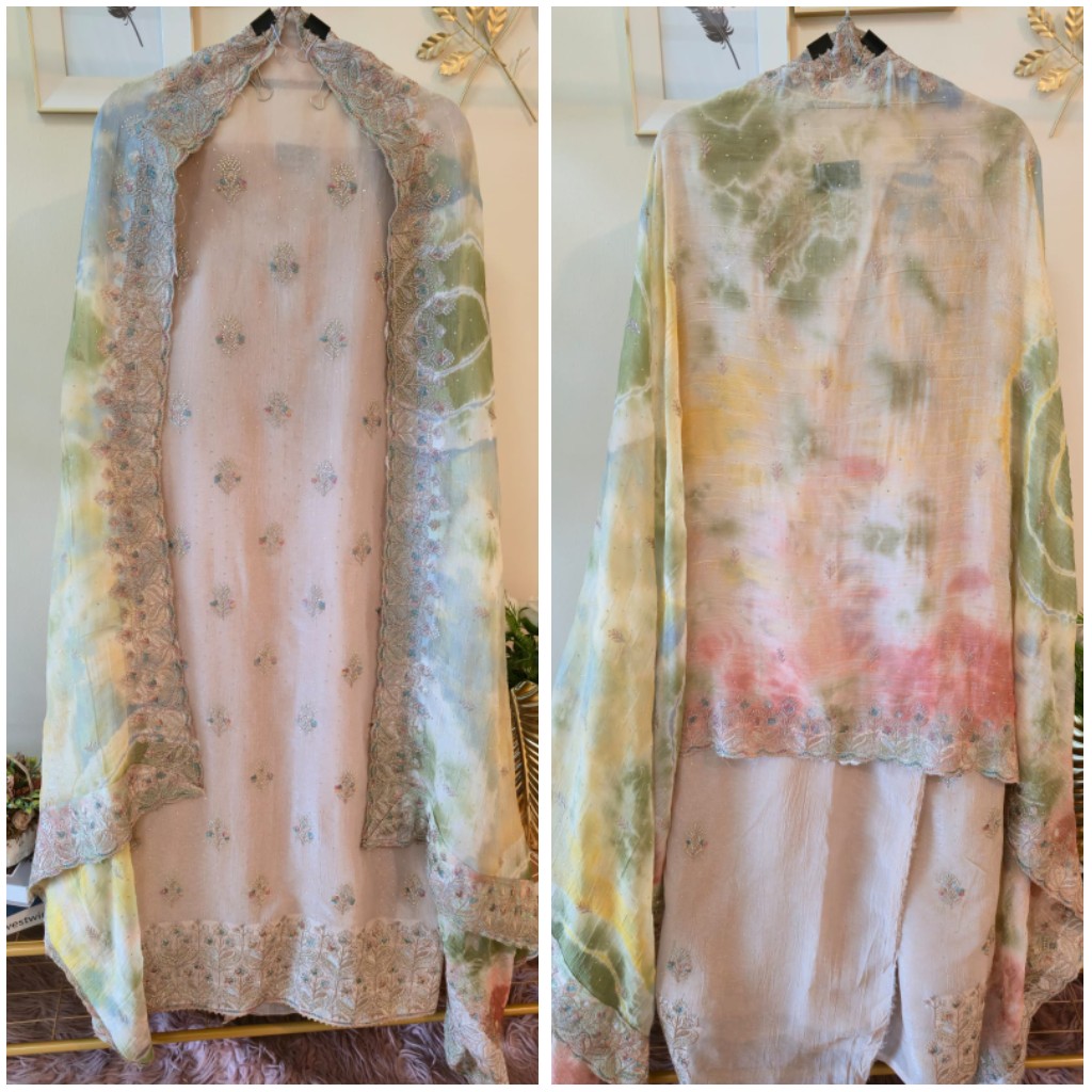 Pastel Tie-Dye pure crape unstich three peice Suit with Embroidered Dupatta - Image 2