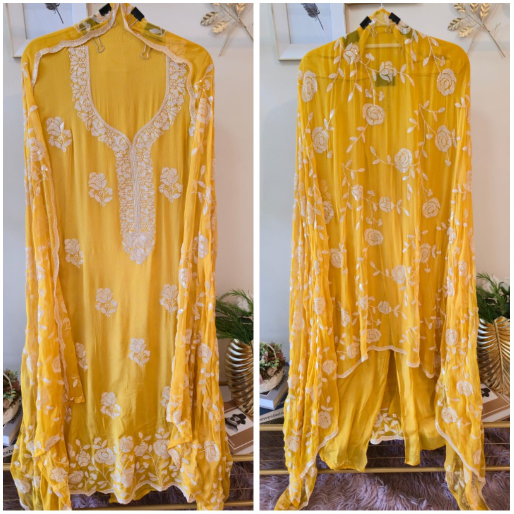 Sunny yellow pure crape unstich three peice Suit with Embroidered Dupatta - Image 5