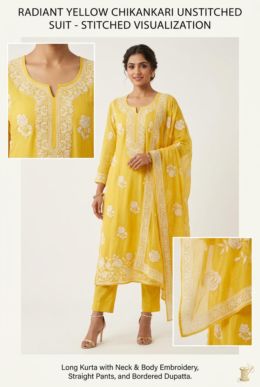 Sunny yellow pure crape unstich three peice Suit with Embroidered Dupatta