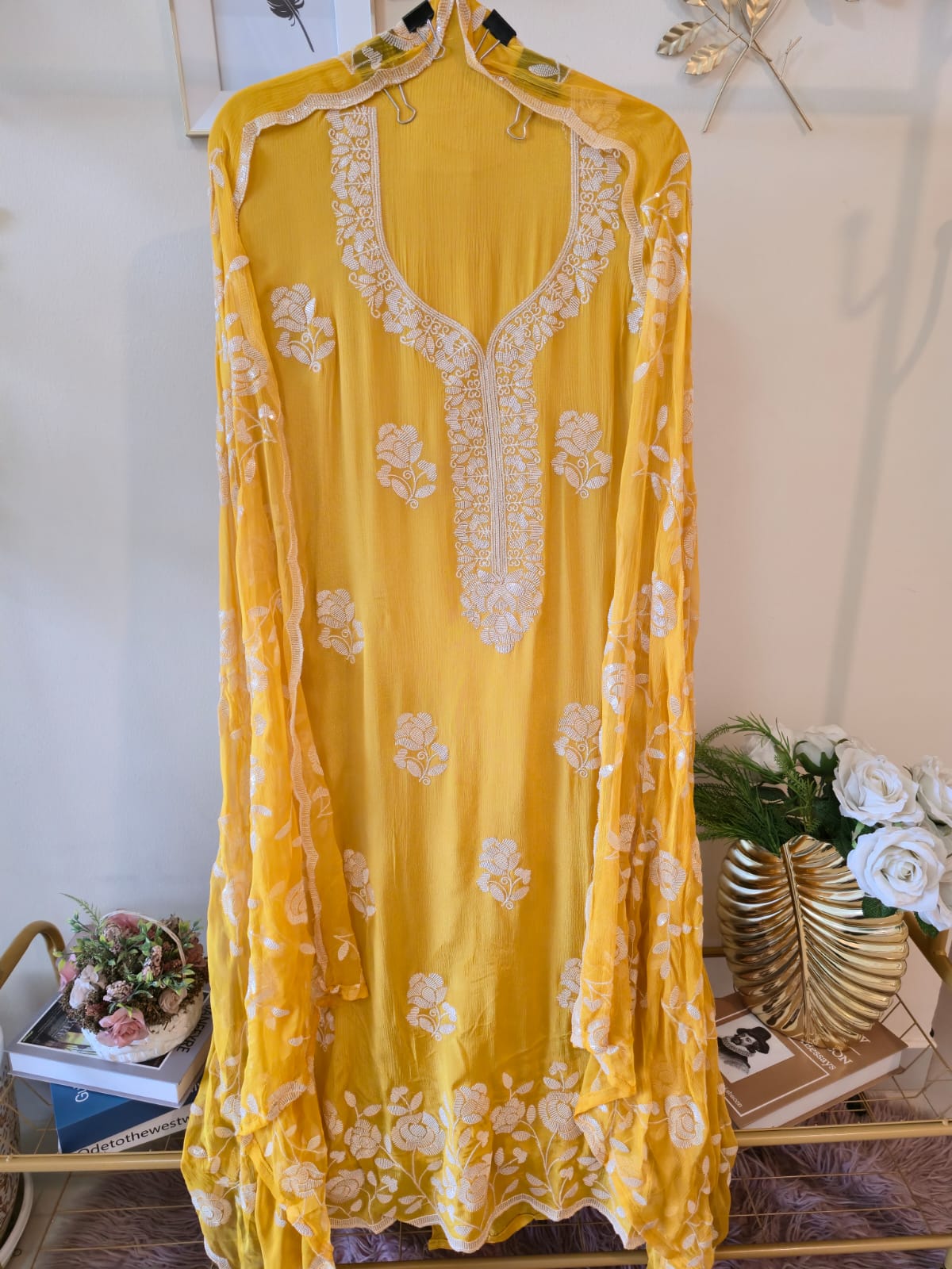 Sunny yellow pure crape unstich three peice Suit with Embroidered Dupatta - Image 4