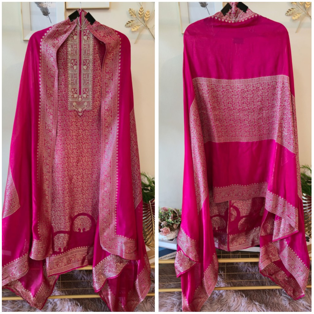 Mettalic pink pure bhagalpuri banglori Silk Suit with Silver Floral Weave unstich three peice suit - Image 5