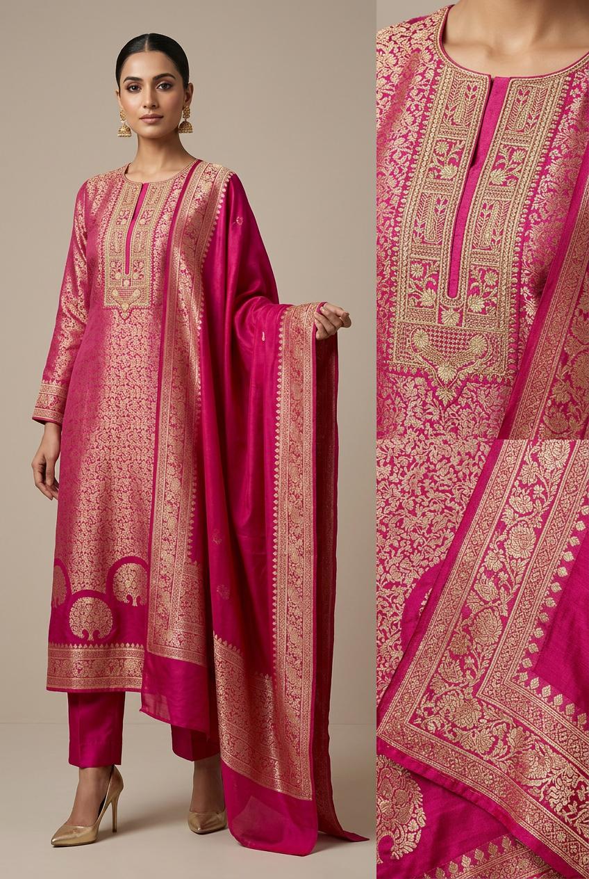 Mettalic pink pure bhagalpuri banglori Silk Suit with Silver Floral Weave unstich three peice suit