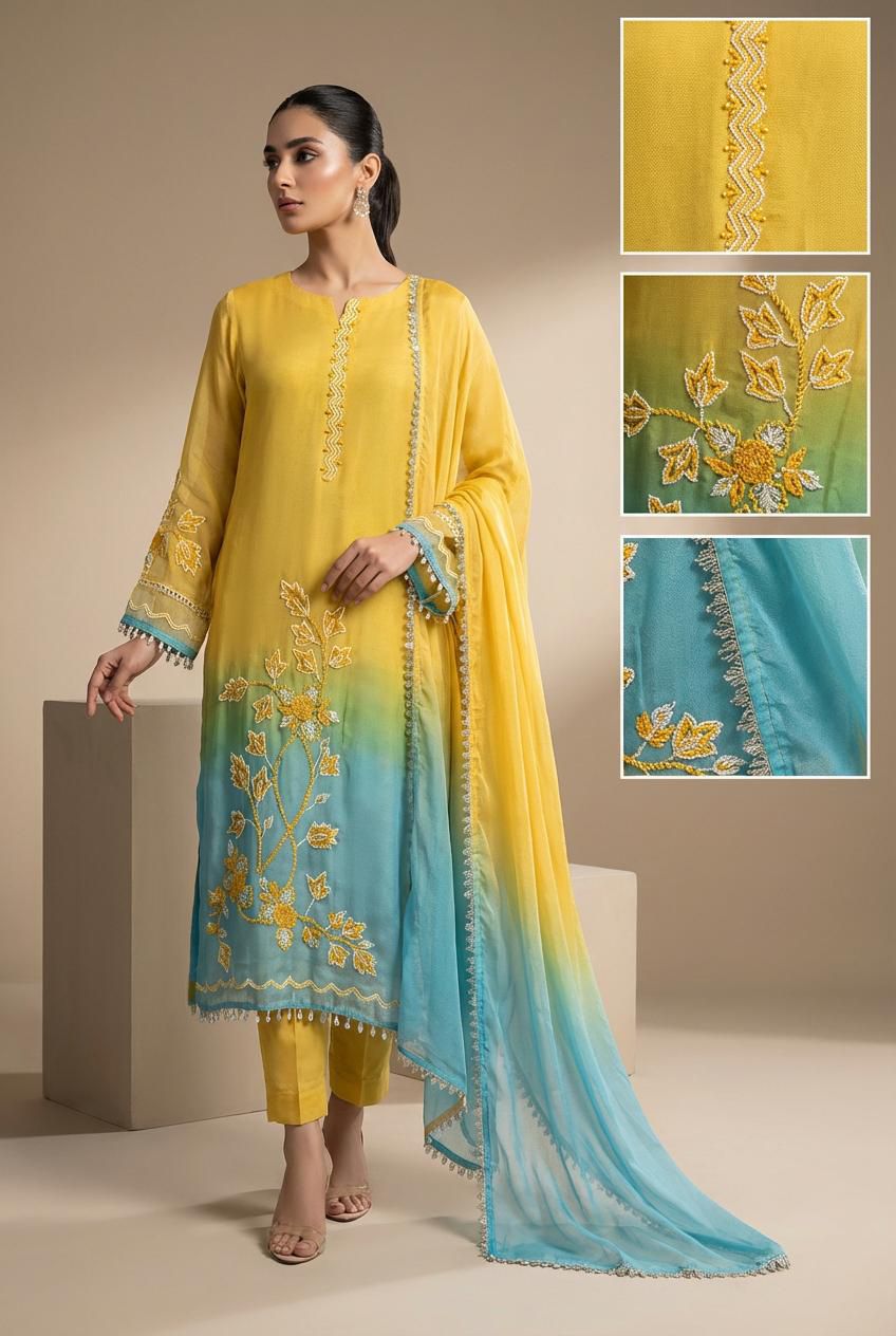 Citrus Splash – Embroidered Ombre lawn blend 3-Piece Unstitched Suit