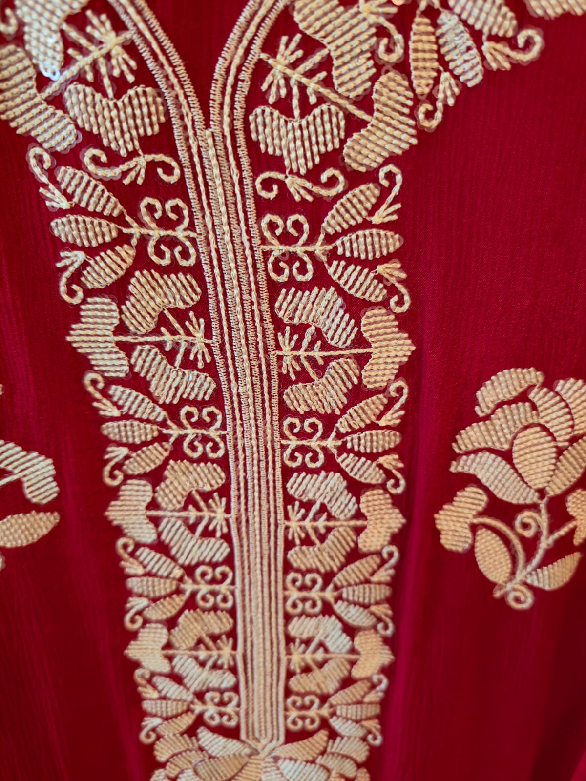 Fire Red pure crape unstich three peice Suit with Embroidered Dupatta - Image 3