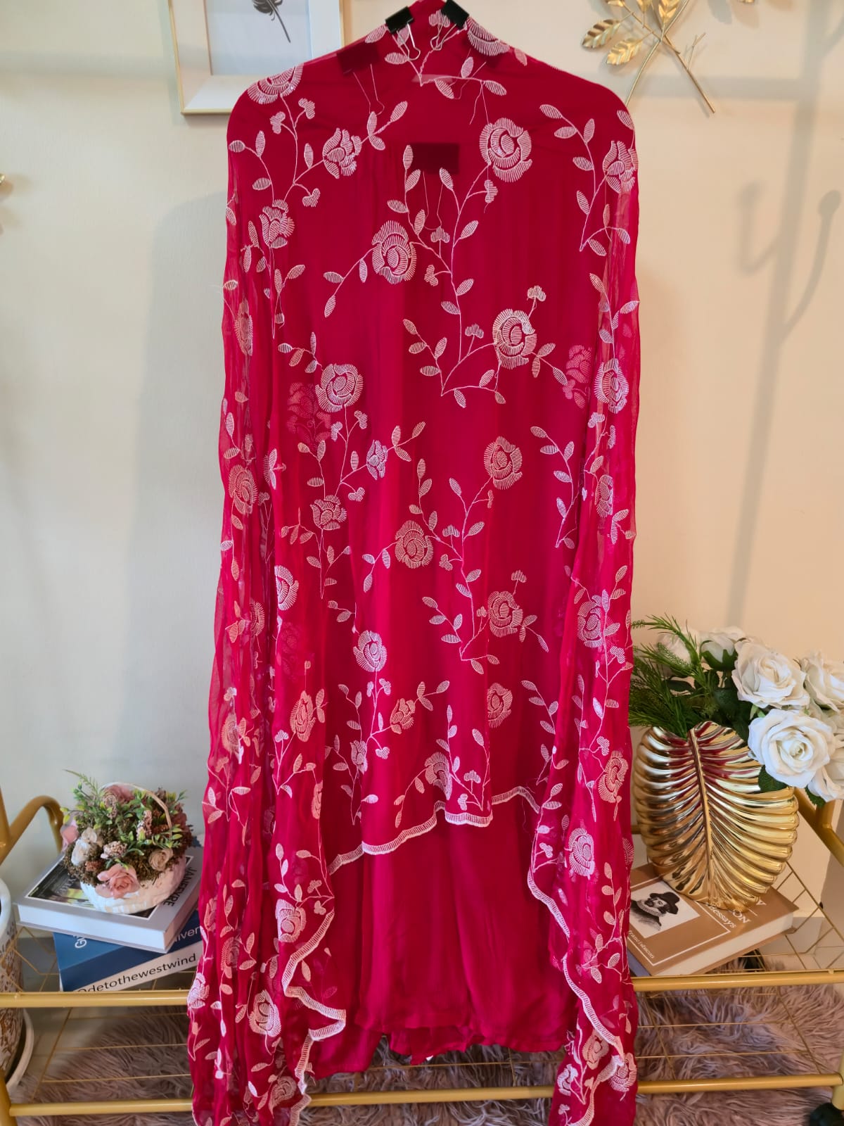 Fire Red pure crape unstich three peice Suit with Embroidered Dupatta - Image 2
