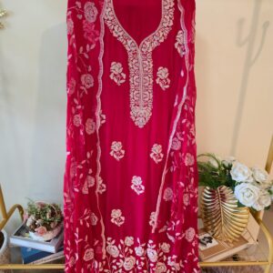 Fire Red pure crape unstich three peice Suit with Embroidered Dupatta