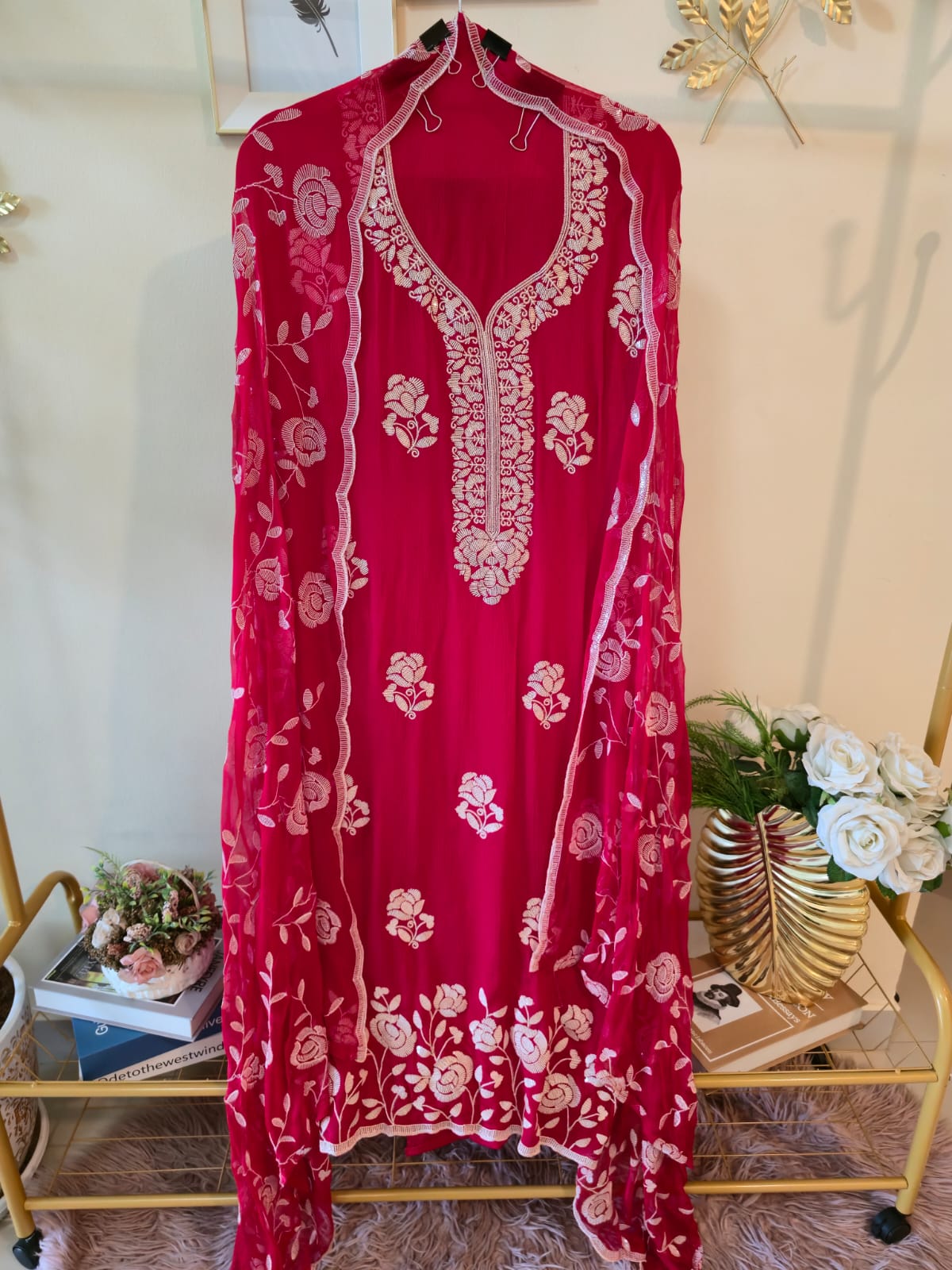 Fire Red pure crape unstich three peice Suit with Embroidered Dupatta