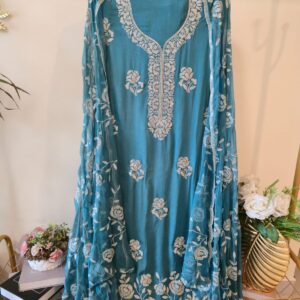 Teal blue pure crape unstich three peice Suit with Embroidered Dupatta