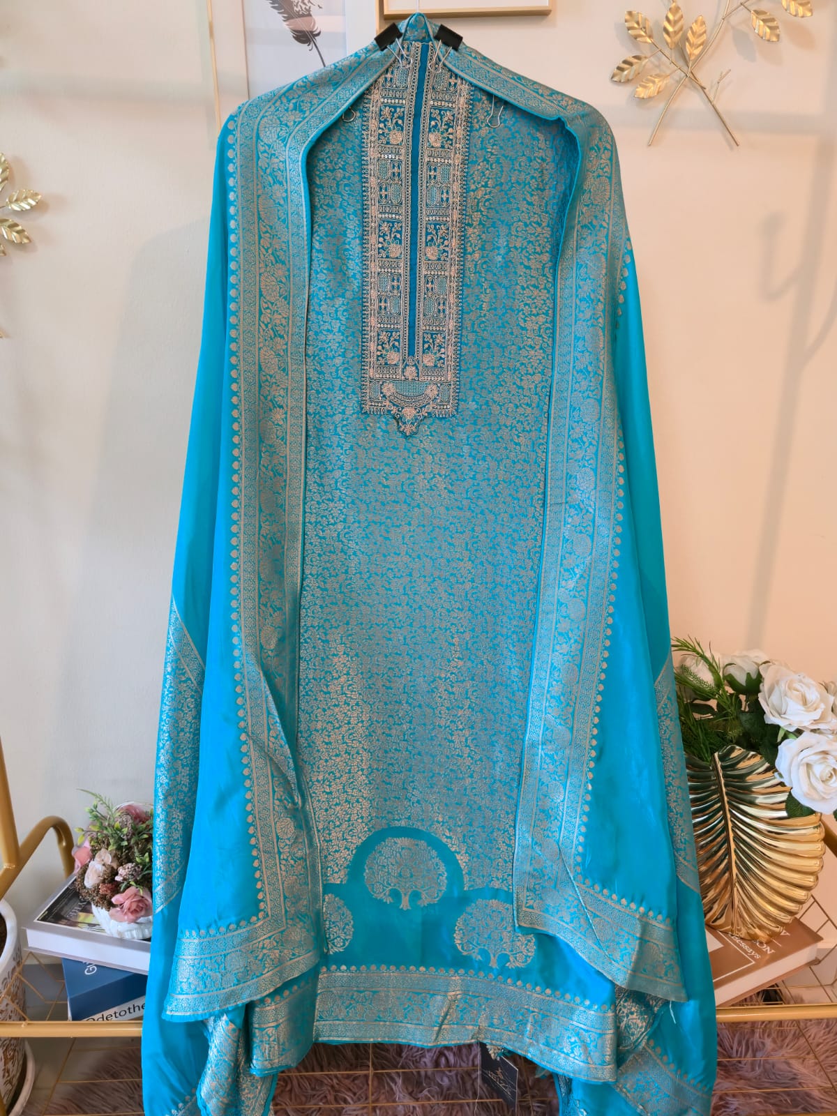 Mettalic blue pure bhagalpuri banglori Silk Suit with Silver Floral Weave unstich three peice suit