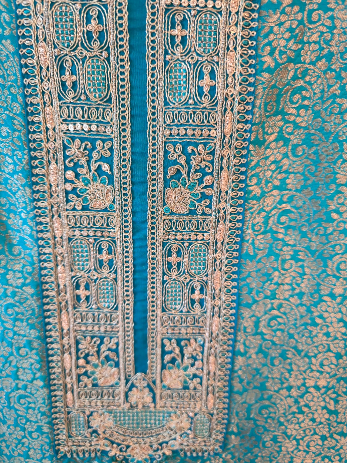 Mettalic blue pure bhagalpuri banglori Silk Suit with Silver Floral Weave unstich three peice suit - Image 5
