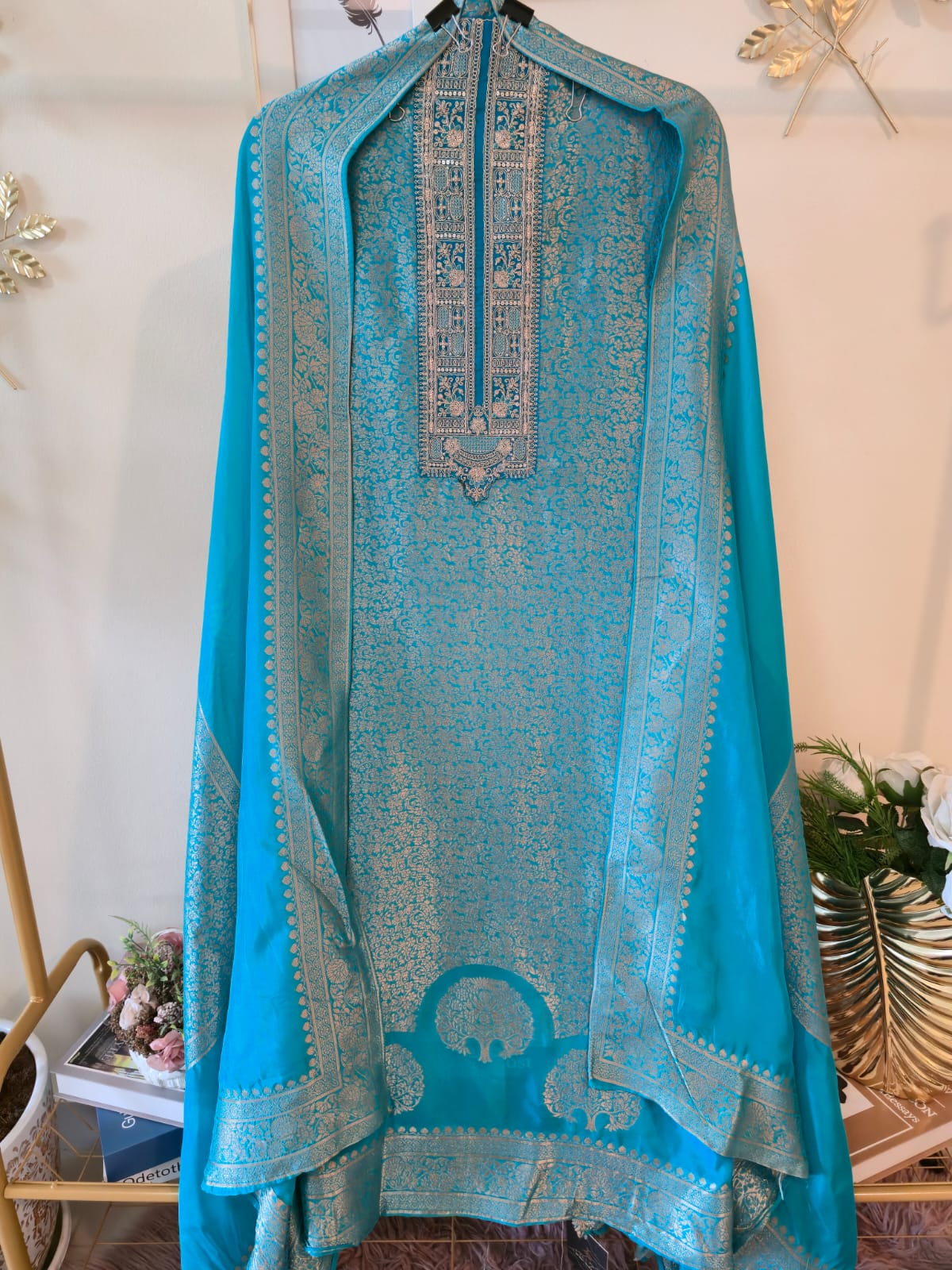 Mettalic blue pure bhagalpuri banglori Silk Suit with Silver Floral Weave unstich three peice suit - Image 4