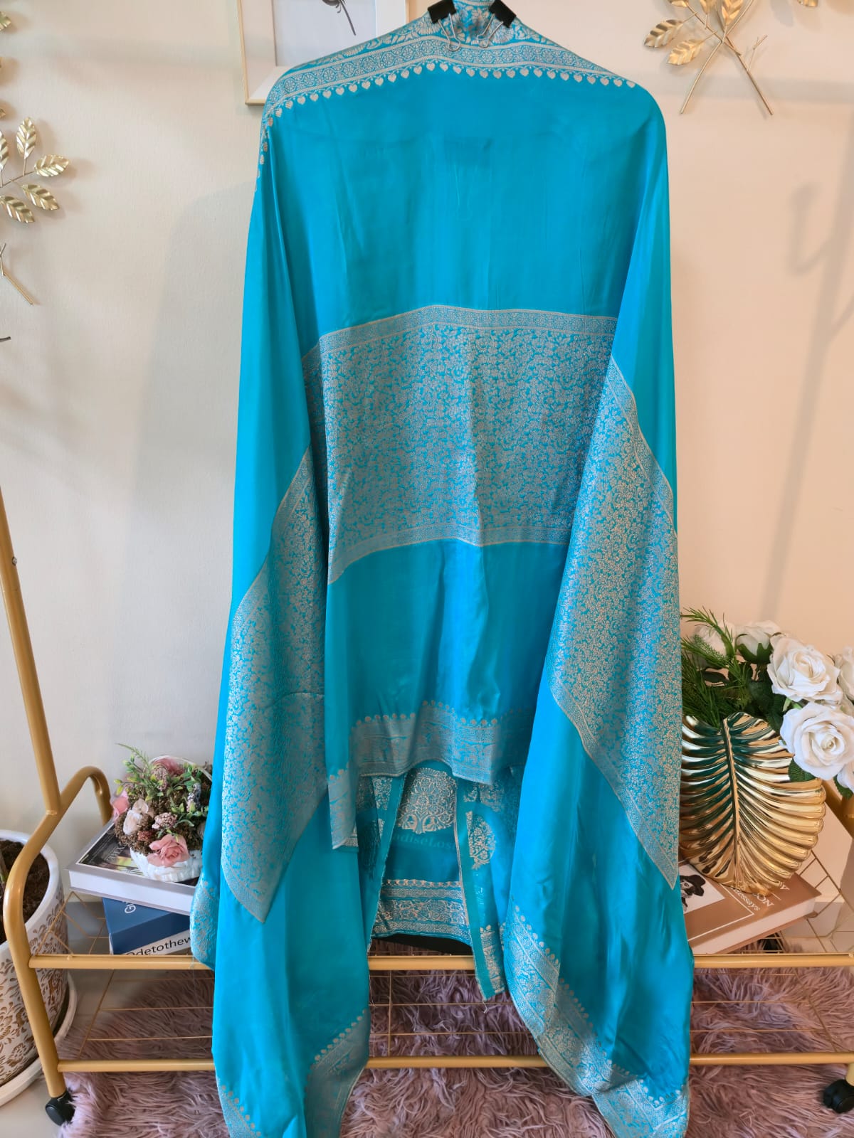 Mettalic blue pure bhagalpuri banglori Silk Suit with Silver Floral Weave unstich three peice suit - Image 2