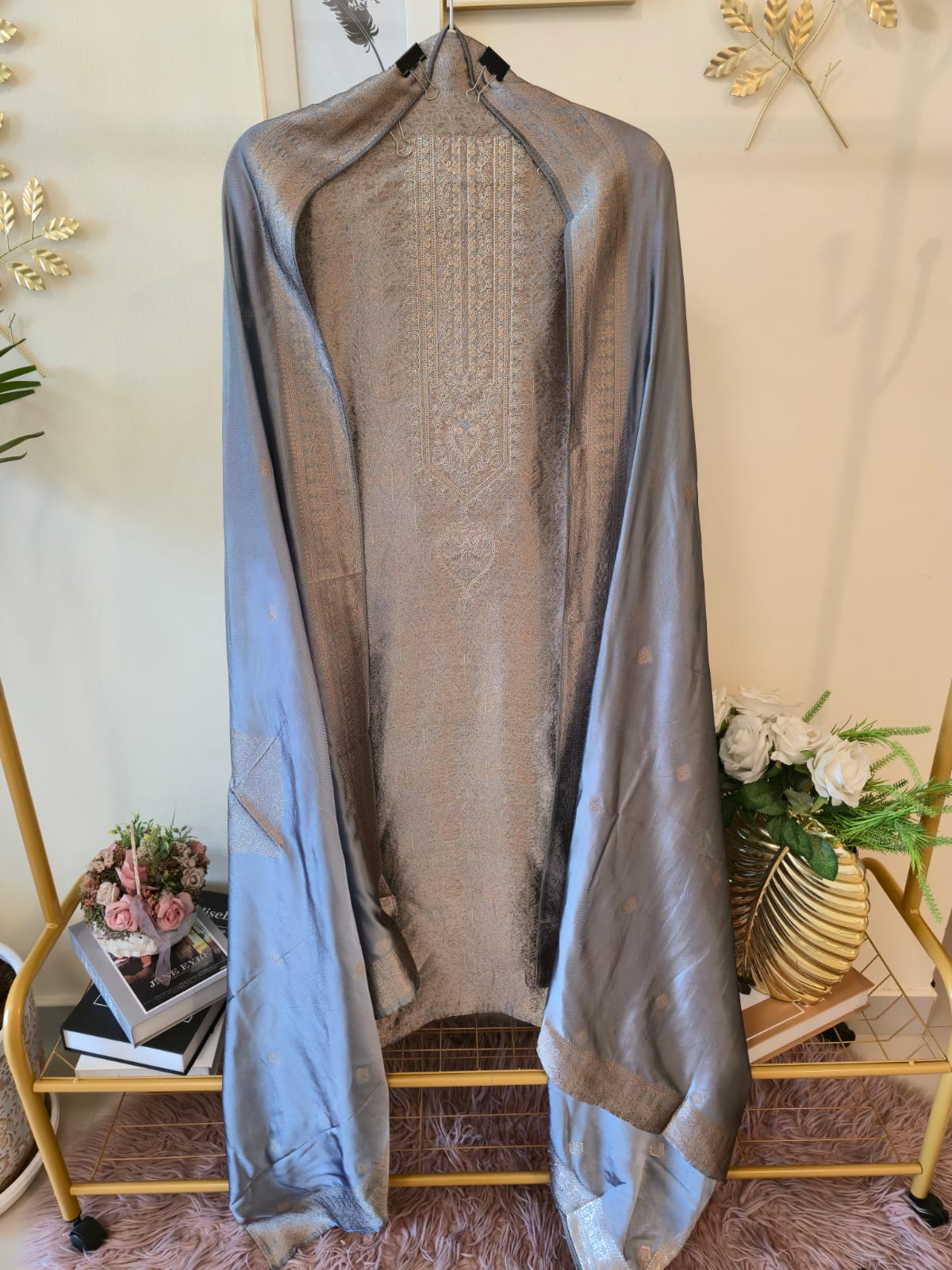 Mettalic silver grey pure bhagalpuri banglori Silk Suit with Silver Floral Weave unstich three peice suit