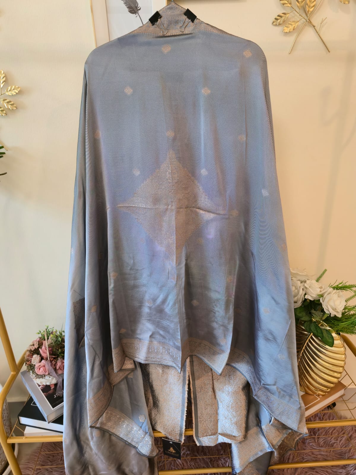 Mettalic silver grey pure bhagalpuri banglori Silk Suit with Silver Floral Weave unstich three peice suit - Image 3