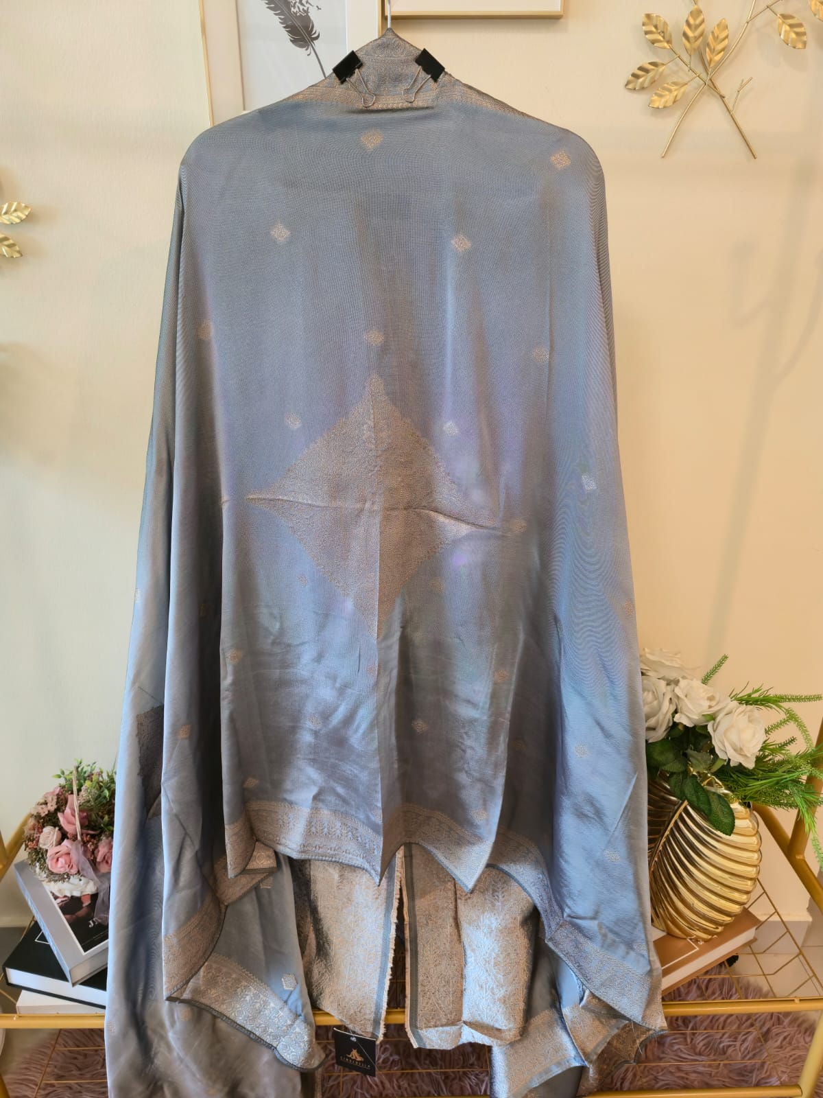 Mettalic silver grey pure bhagalpuri banglori Silk Suit with Silver Floral Weave unstich three peice suit - Image 4